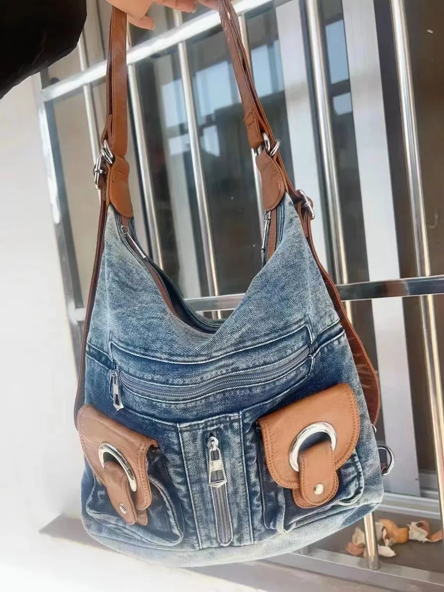 Denim Hobo Bag Women's Retro Shoulder Bag Student Leisure Style_voghion.com