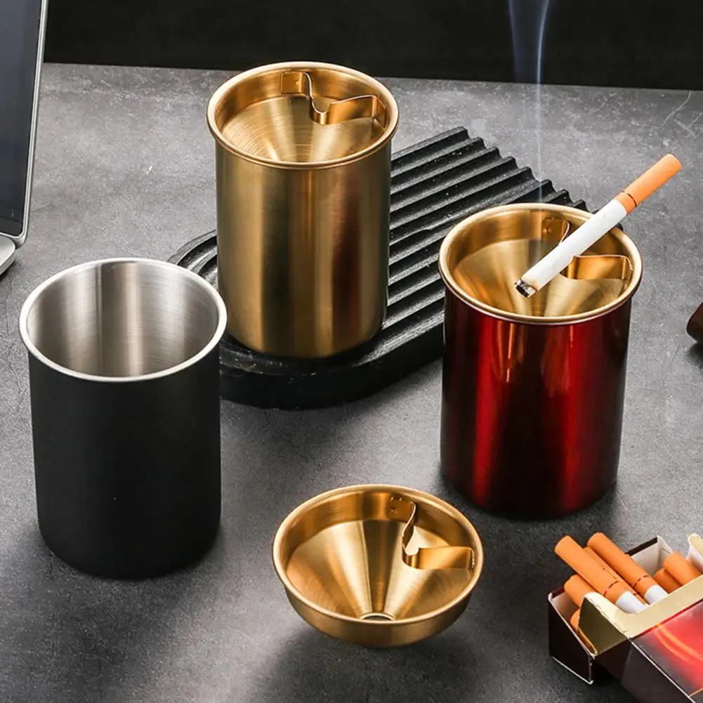 

Stainless Steel Ashtray with Windproof Funnel-shape Lid Clip Heat Resistant Metal Ash Storage Holder Car Smoking Accessories