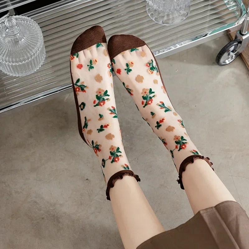 12 Pairs Ultra-Thin Transparent Crystal Silk Socks Women Fashion Summer Harajuku Retro Flower Streetwear Elastic Long Socks