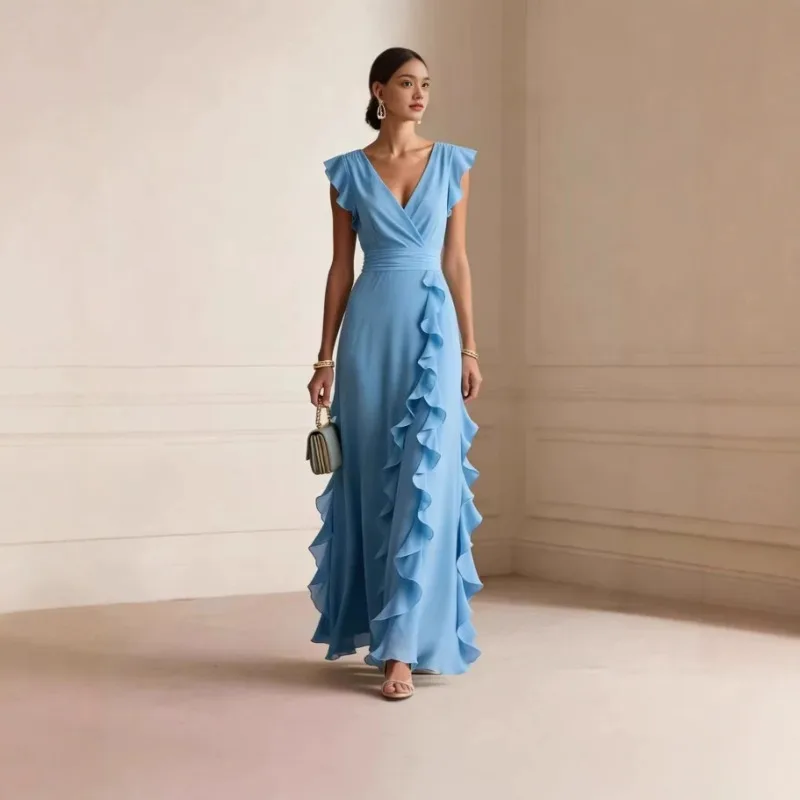 Elegant Women V Neck Ruffle Sleeveless Chiffon Maxi Dress Waist Tie Evening Party Formal Gown