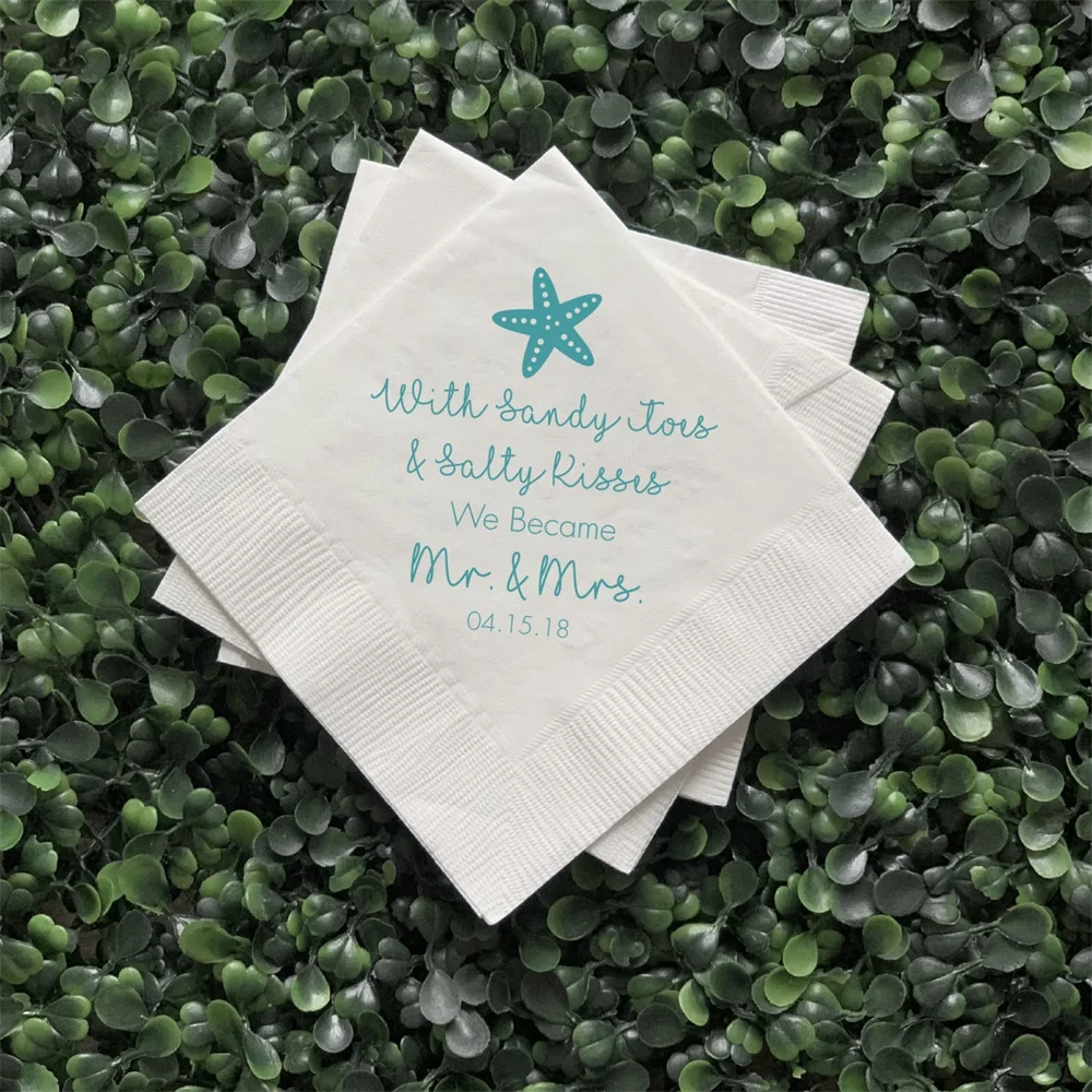 

50PCS Sandy Toes and Salty Kisses Wedding Napkins, Rehearsal Dinner, Engagement Party, Custom Destination Wedding Napkins - Trop