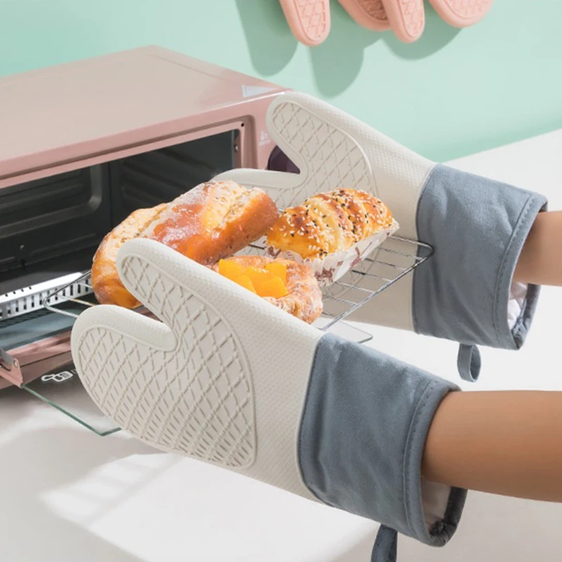 Oven Gloves Thicken Silicone Gloves Oven Heat Insulated Finger Gloves Cooking Microwave Non-slip Gripper Pot Holder Kitchen Baking Tool