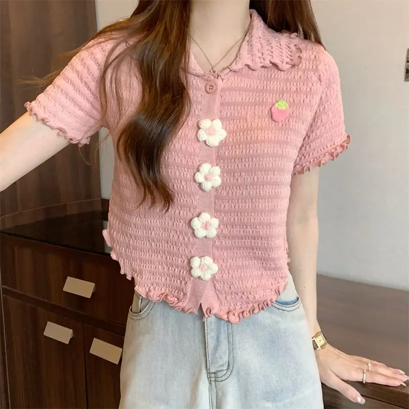 Flower Buttons Women Blouses Solid Color Tee Polo Neck Thin Pleated T Shirt Casual Sweet Y2K Vintage Wear Summer College Style