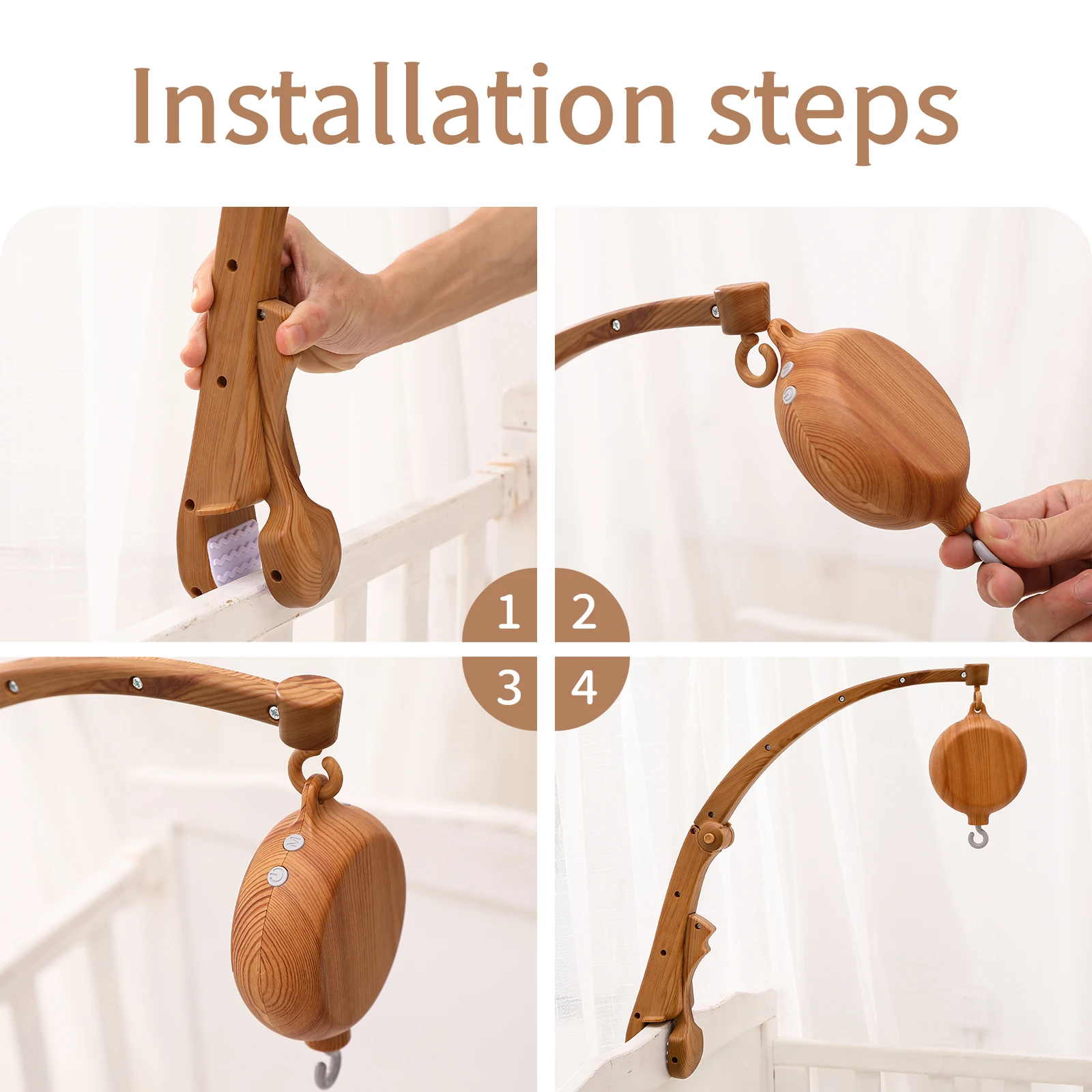 DIY Baby Crib Bed Bell Holder Arm Toy Imitation Wood Grain Infant Bed Decoration Toys Rotating Music Box Nut Screw Arm Bracket