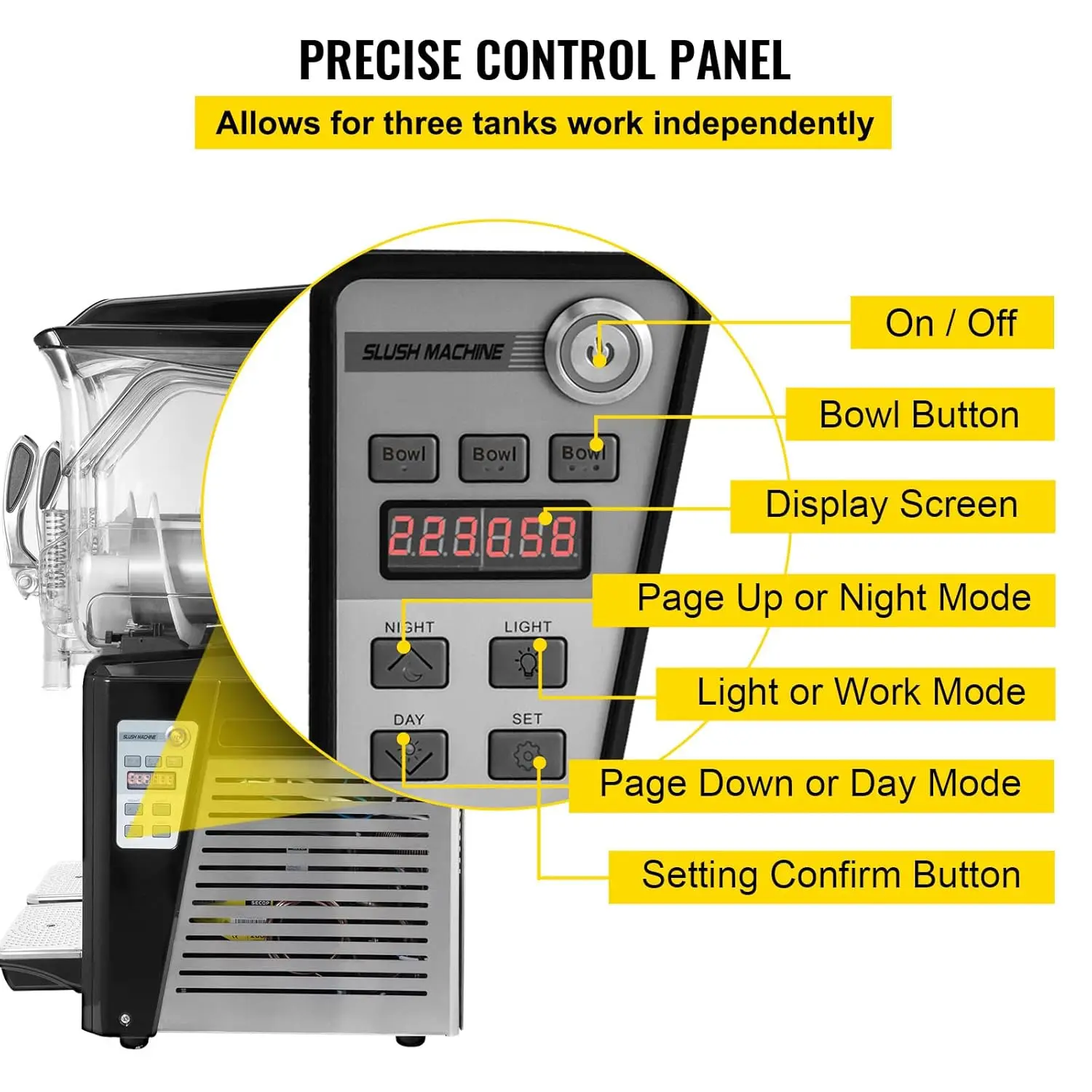 Slushy Machine Triple Bowl Frozen Drink Maker 1250W Automatic Clean Day and Night Modes for Supermarkets Cafes
