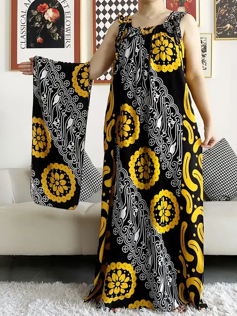 New women cotton summer sleeveless dress with scarfs under dress african dashiki maxi lady robe