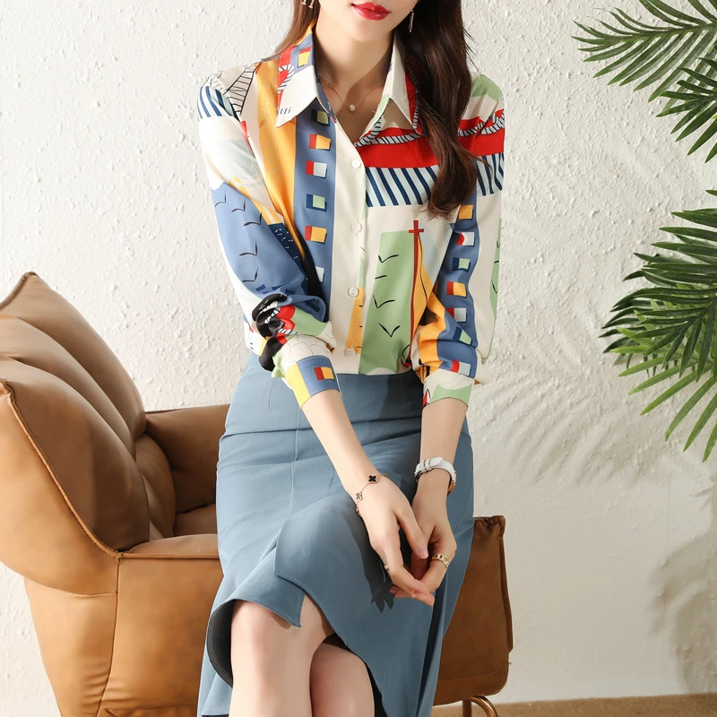 Autumn New Vintage Chic Office Lady Chiffon Shirts Women Clothing French All-match Loose Casual Tops Fashion Printed Blouse