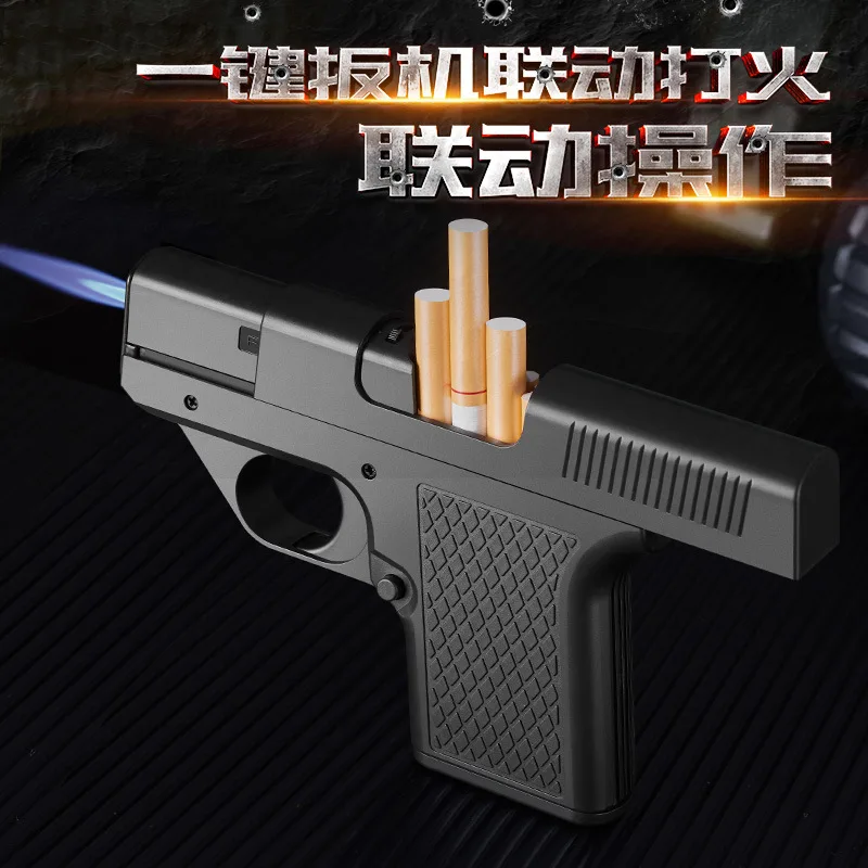Gun Type Windproof Inflatable Lighter, Cigarette Case, Personalized Creativity, Pistol Shape, Thick,with Color Packaging Box