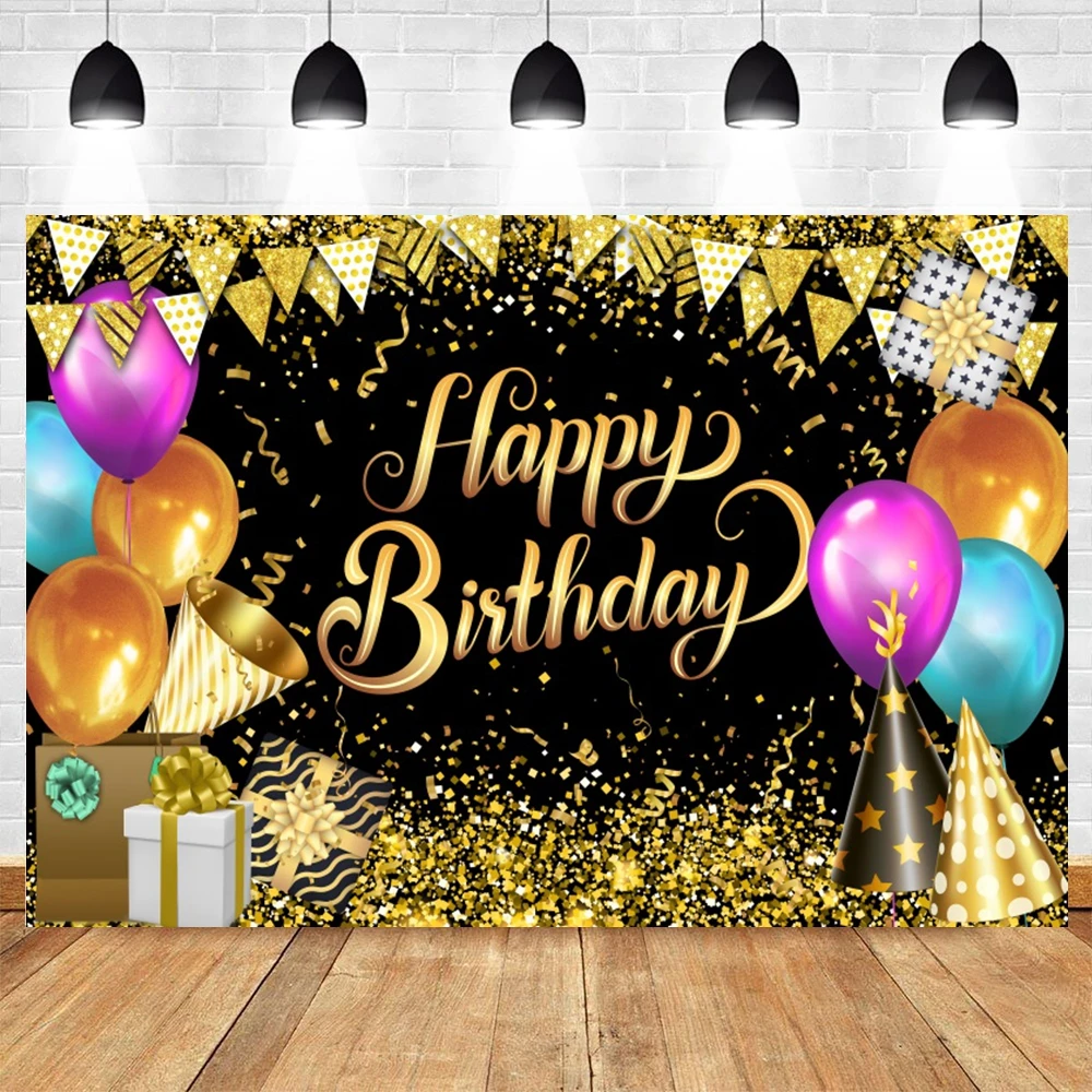 Adult Happy Birthday Backdrop Black Gold Glitter Balloon Boys Girls Birthday Party Decor Photography Background Customized