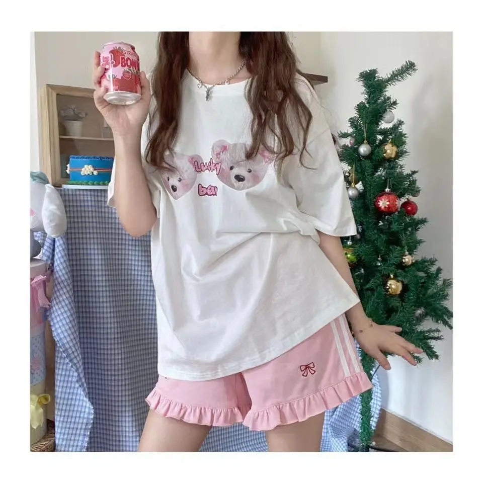 Sporty Shorts Women Ruffles Kawaii Bows Japanese Style Casual Loose Soft High Waist Summer Students Simple Fashion Popular Chic