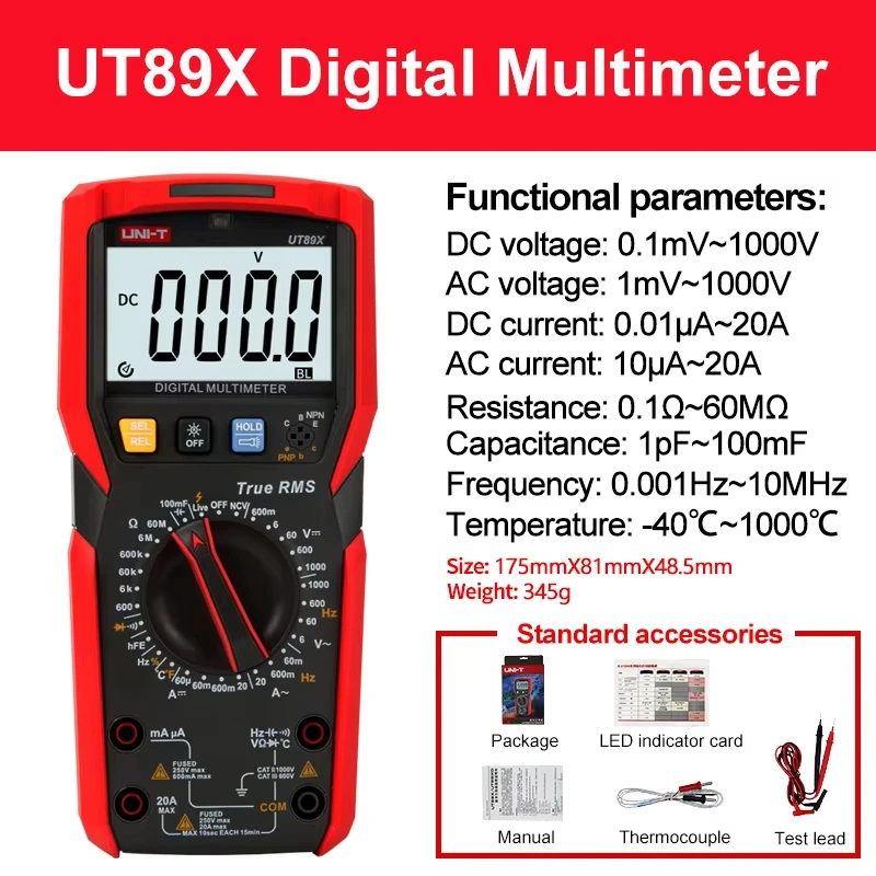 Multimètre UNI-T UT89XD avec cordons de test et pince crocodile, prêt à mesurer la tension. Achetez le Multimètre Numérique UNI-T UT89XD pour le Modélisme.