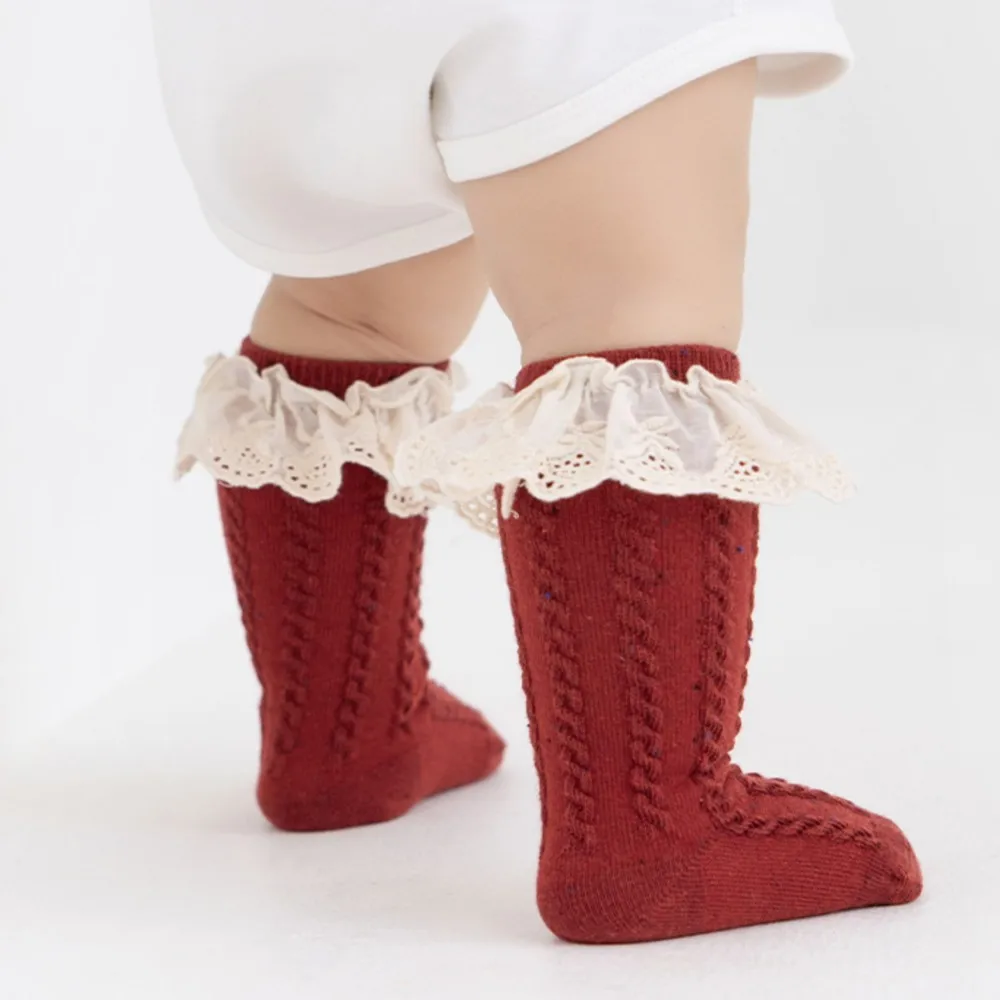 5Pairs Newborn Bowknot Hollow Out Long Socks Red Baby Soft Solid Prewalker Sock Girl Infant Knitted Stockings 0-8Years