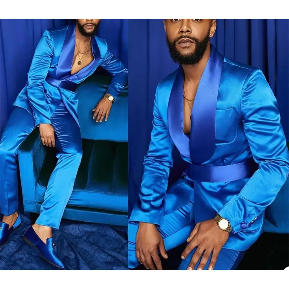 Fashion Italian Silver Men Suits Satin Slim Fit Royal Blue Shiny Groom Prom Wedding Tuxedo Tailored Blazer Sets Costume Homme