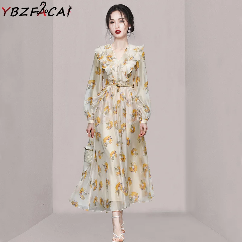 

2022 Fall French Retro Long Sleeve Flower Print Dress Party Ruffle Dress Elegant V-Neck High Waist Swing Floral Long Dress Robe