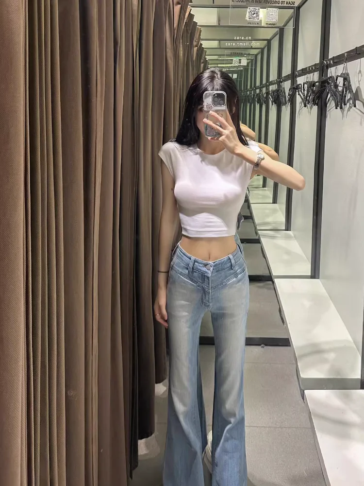 여성용 블루 플레어 청바지, 하이 웨이스트 워싱 청바지 바지, 한국 Y2k 빈티지 와이드 레그 카우보이 바지, 패션 스트리트웨어 의류