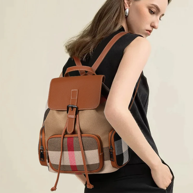 Striped backpack for women, double shoulder bag, 2025 new style, fashionable genuine leather women's bag, large capacity, genuin