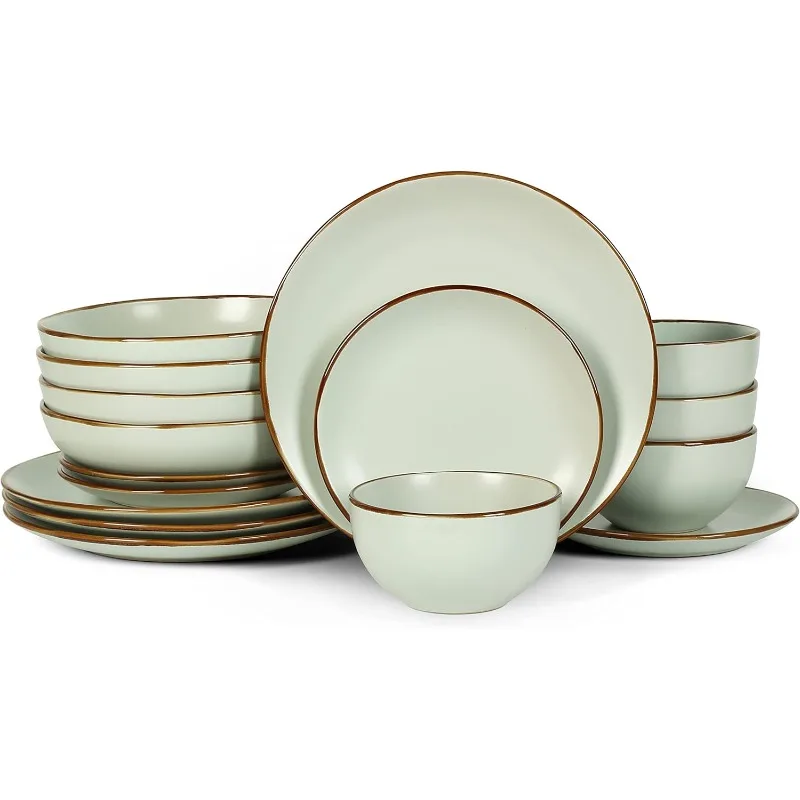 

Brasa Modern Stoneware 16 Piece Dinnerware Sets, Plates and bowls Sets, Dish Set for 4, Light Green