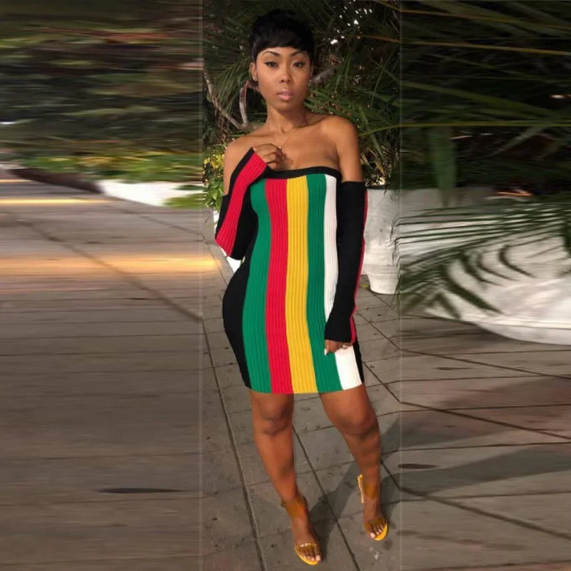 

WUHE элегантное Радужное Полосатое лоскутное мини-платье трикотажное женское платье в рубчик с длинным рукавом с открытыми плечами Бандажное платье для клуба