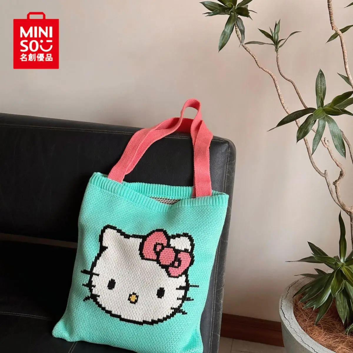 

MINISO Hello Kitty Kawaii Оригинальная черная кожаная сумка ручной вязки мультяшная Милая вместительная сумка через плечо для хранения подарок для девушки