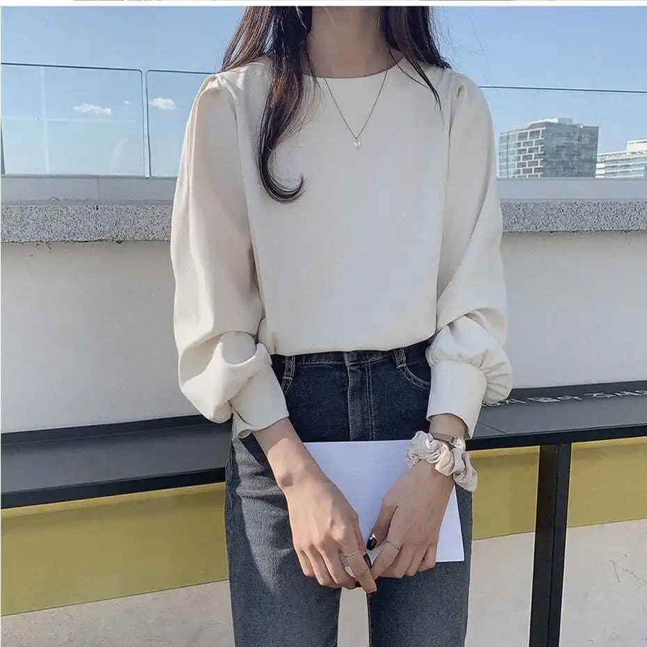 O넥 단색 퍼프 소매 블라우스, 루즈 캐주얼 풀오버, 올매치 오피스 레이디 셔츠, 여성 의류, 2023 봄 신상 패션