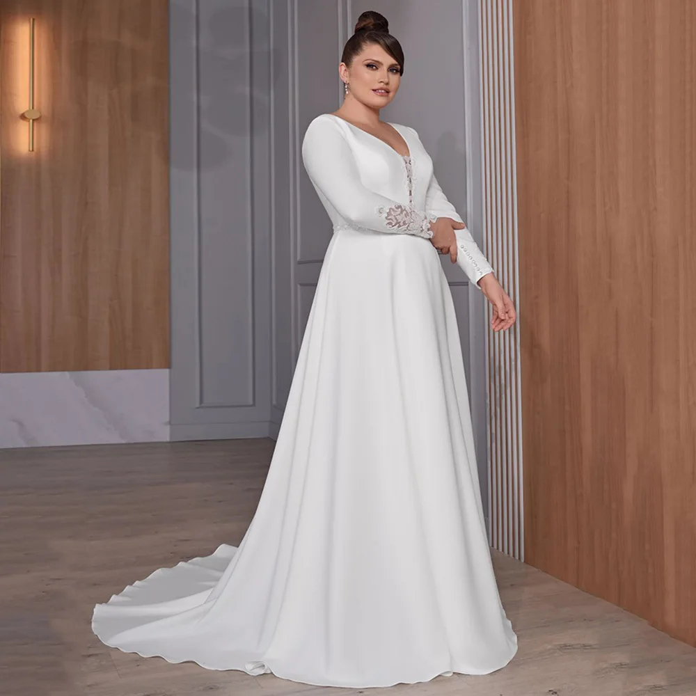 

Fashion Wedding Dress Jiayigong V Neck Sequin Applique Long Sleeves Sweep Train A Line Jersey Stretch Modern Bridal Gown Custom