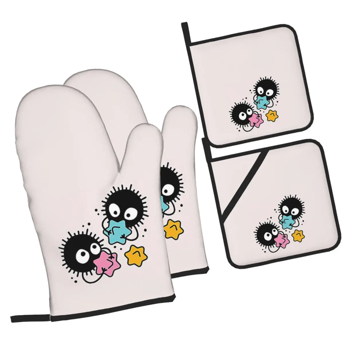 Soot Studio Ghibli Oven Mitts and Pot Holder Sets of 4 for Baking Kitchen Cooking Grilling Resistant Non-Slip Gloves