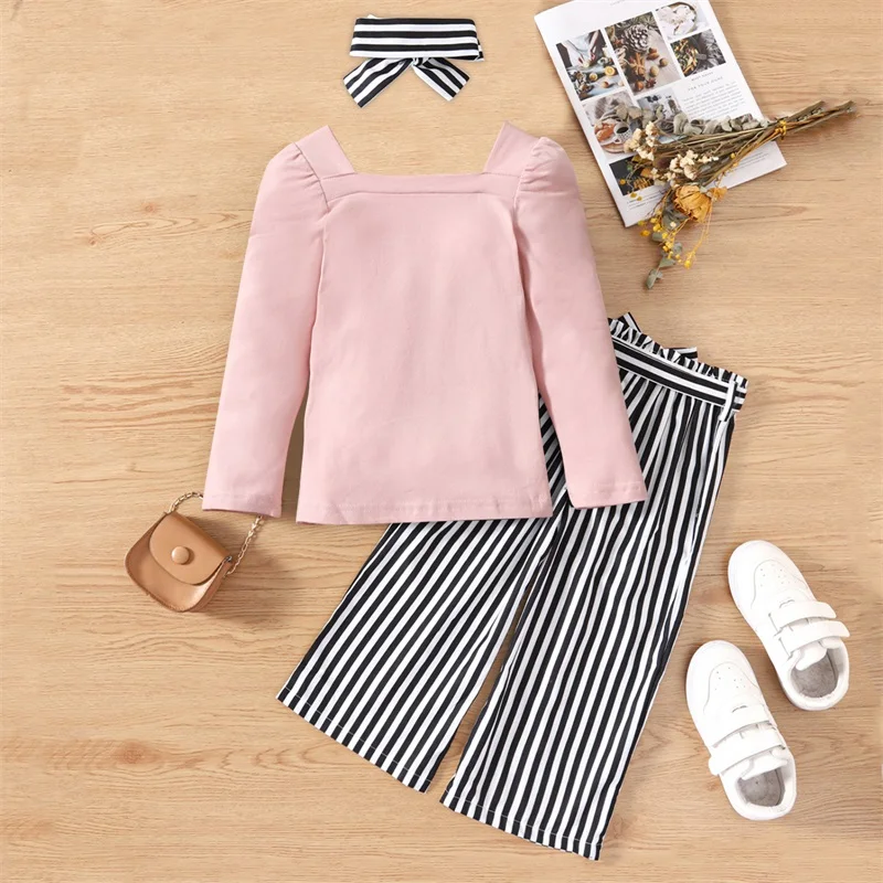 

BeQeuewll Baby Girls Clothes Vertical Stripe Pants with Belt Headband Fall Outfits Elegant comfortable and breathable