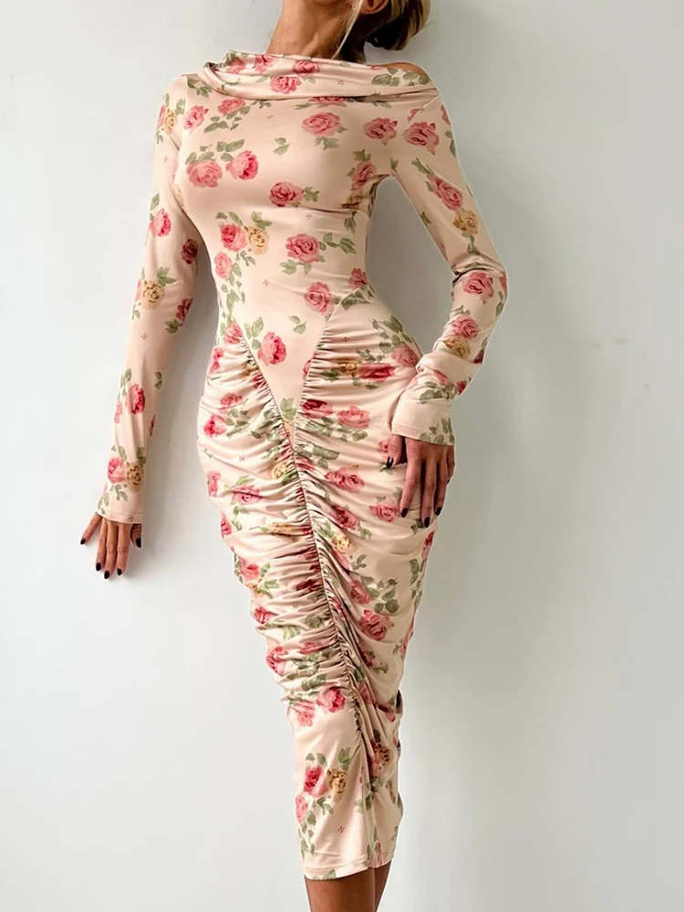 Nibber Rose Print Dress Women Asymmetrical Collar Peach Buttocks Folds Long Sleeve Elegant Banquet Stretch Hipster Vestidos