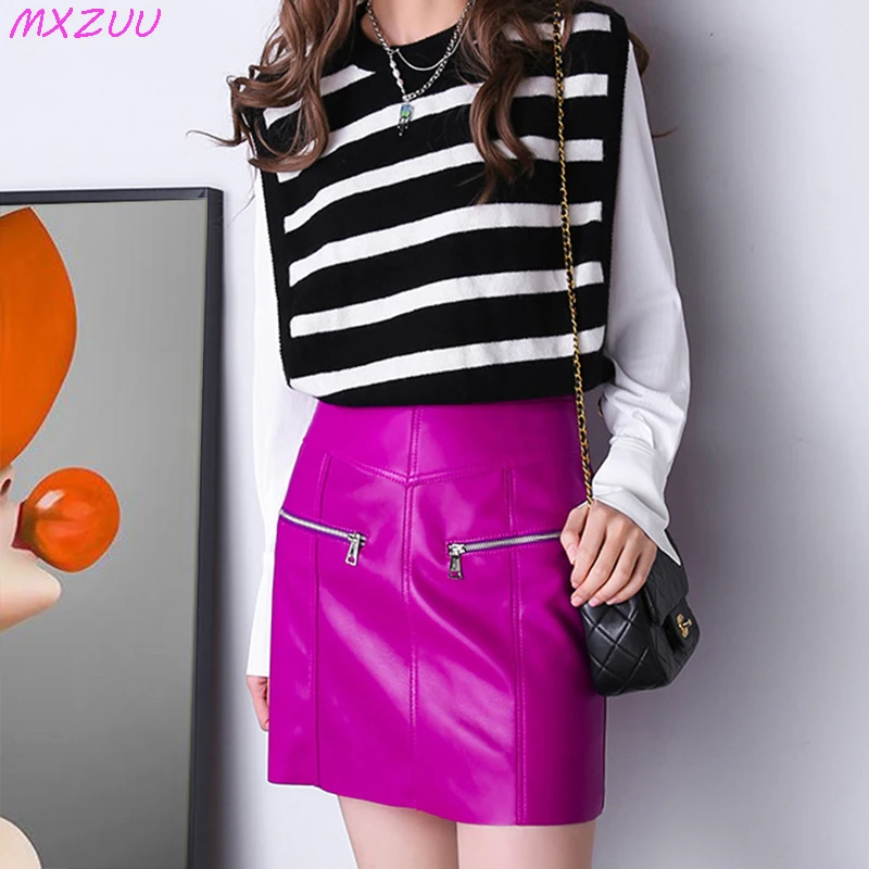 

Mini Jupe Sexy Women Soft Leather Fashion Harajuku Skirt Mujer Sheepskin High Waist Slim Zipper Casual A-Line Short Fladas Chic