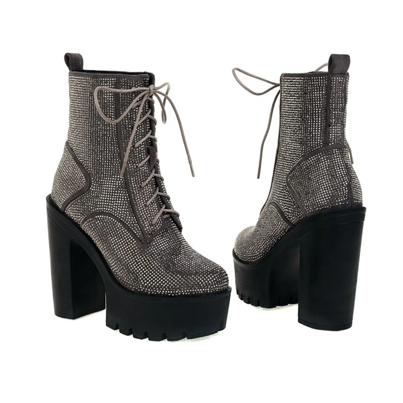 

Botas De Mujer 2021 Ankel Boots for Women Platform Short Boots Full of Diamond Roman Lace UP Thick High Heels Fashion Shoes 7188