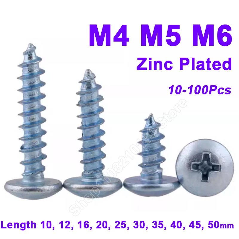 

M4 M5 M6 Zinc Plated Phillips Truss Head (Cross Recessed Round Mushroom Head) Self Tapping Screws Length 10 12 16 20 25 30-50mm