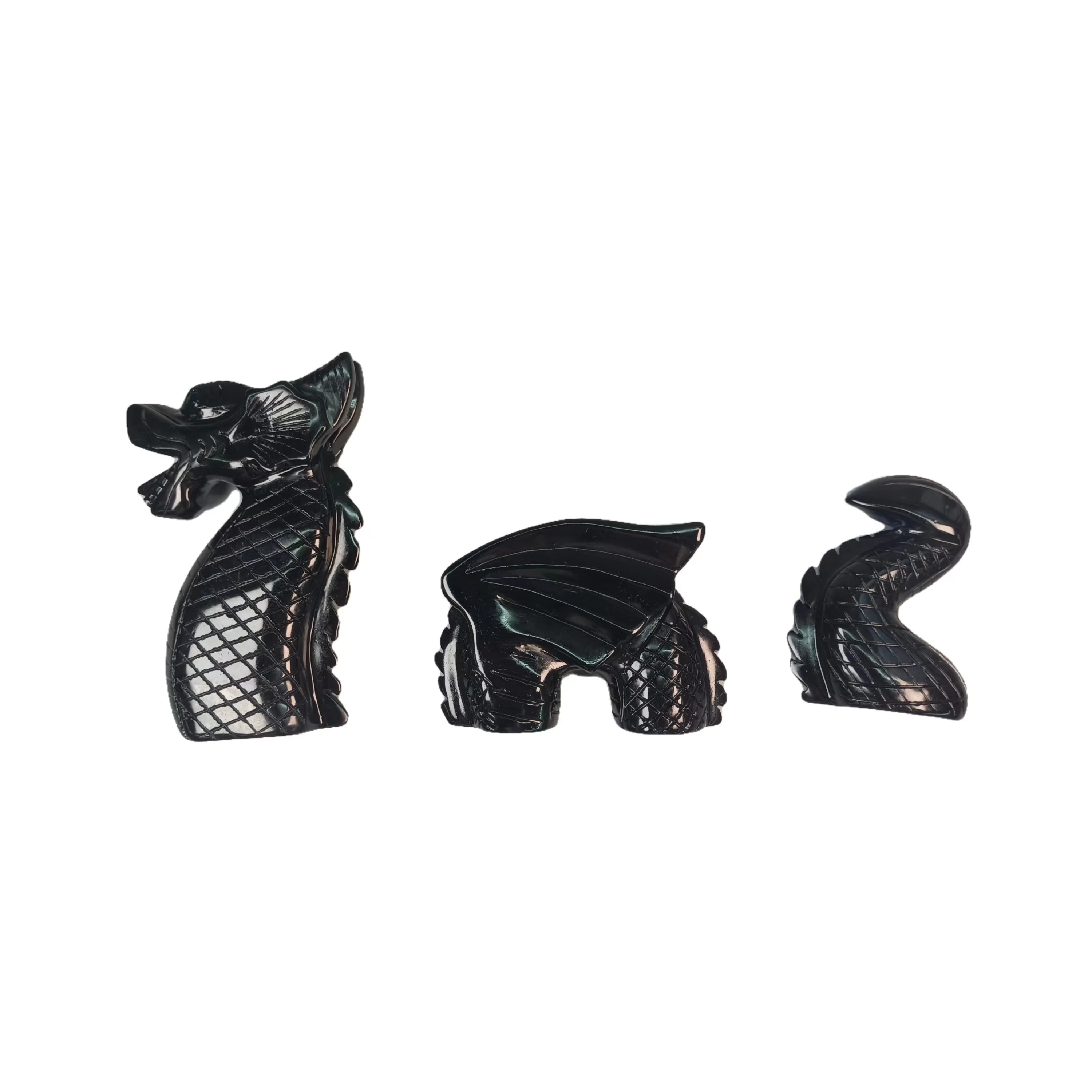 

Customization Natural Crystal Craft Black Obsidian Three Part Dragon Sculpture For Fengshui Meditation Home Office Decor
