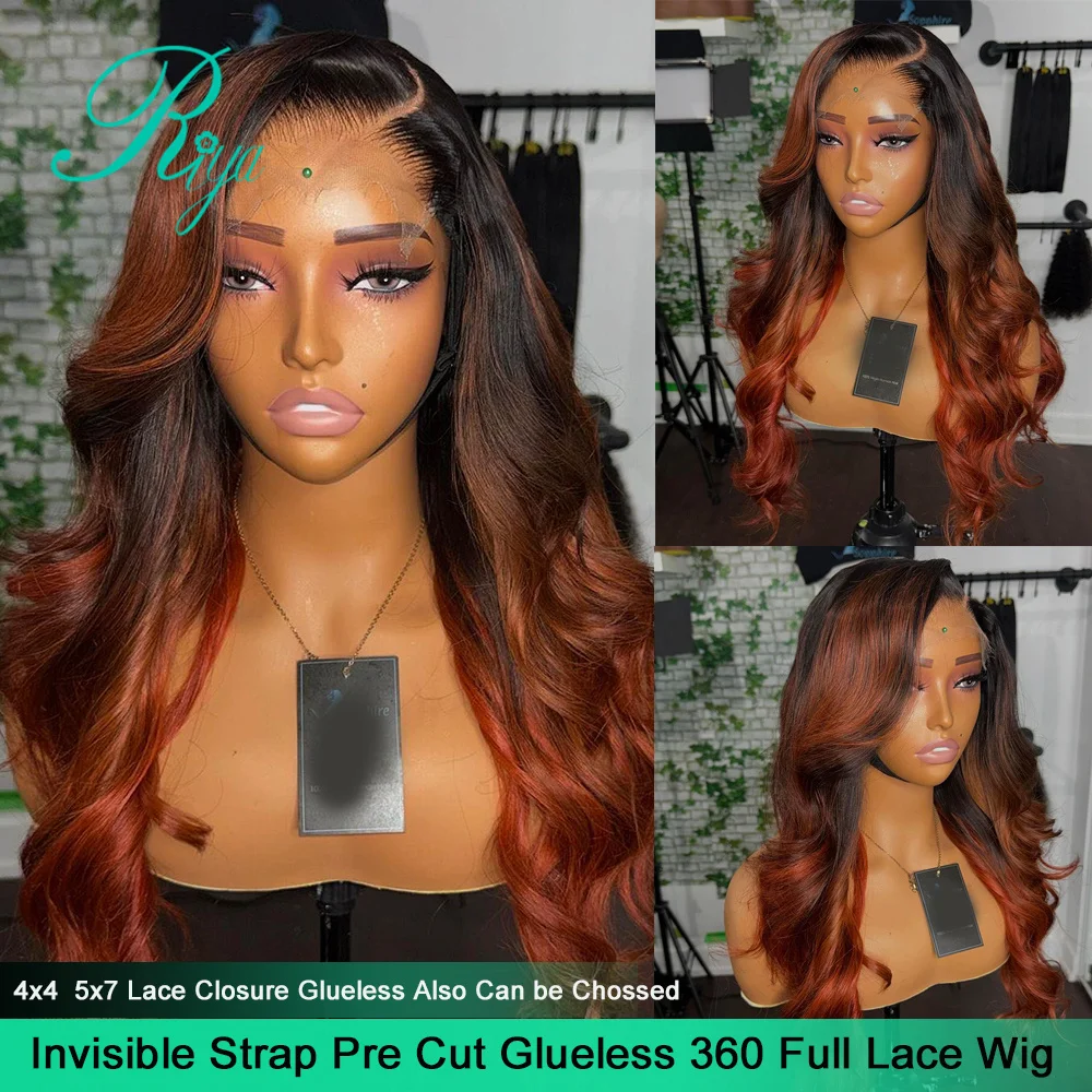 360 Invisible Strap Full Lace Glueless Wig Ombre Ginger With Dark Roots Colored Human Hair Wavy Wear And Go 4x4 7x5 Closure Wigs