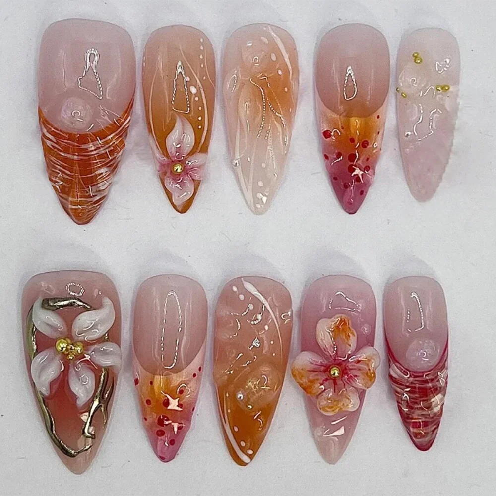24pcs Fake French Nail Tips Almond Wearable Simple Flower Gold Beads Design Diamond Manicure Set