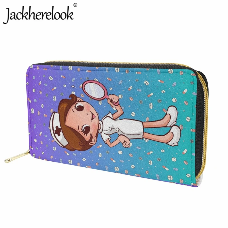 Jackherelook Ladies Nurse Wallet Fashion New Color Gradient Trend Cute Cartoon Nurse Print Purse Long Leather Bank Card Holder