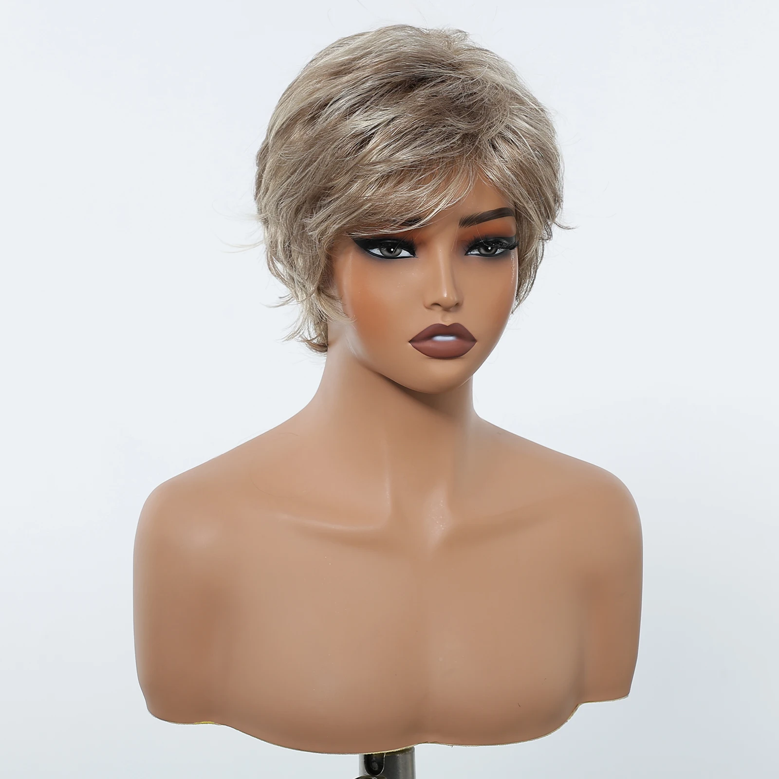 인간의 머리카락 같은 질감 금발 혼합 오프 화이트 짧은 픽시 컷 가발 여성용 앞머리 포함 합성 교체 가발