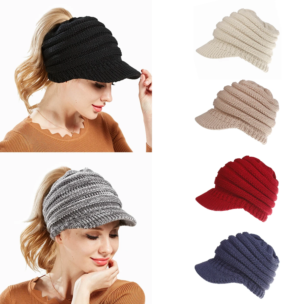 

New Women's Hat Without Car Label Knitted Baseball Cap Flap Ponytail Hat Skiing Sports Outdoor Cap Small Hat Sports Warm