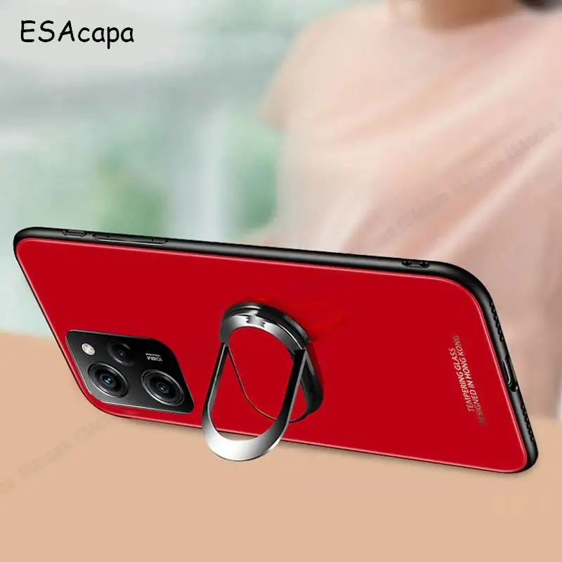 Magnetic Ring Holder Stand Shockproof Protective Phone Case with Tempered Glass Back Cover