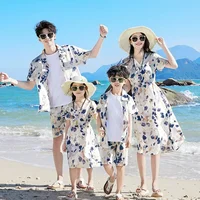 2024 Summer Family Vacation Look Clothes Mom and Daughter Short Sleeve Dress Holiday Dad and Son Shirts Two Piece Outfits Sets 1