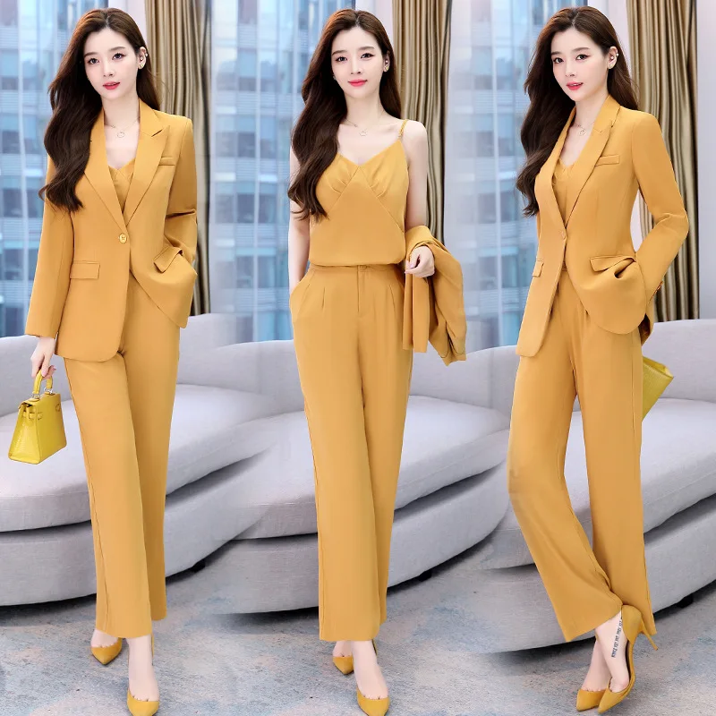 

New Women's Elegant Professional Wear Casual Suit Jacket Suspender Pants Three-piece Korean Fashion Blazers Trousers Set