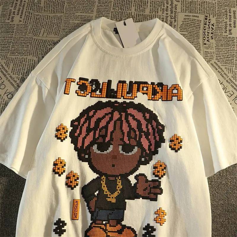 

European and American niche printed short-sleeved men and women summer American hip-hop Hong Kong style niche half-sleeved top