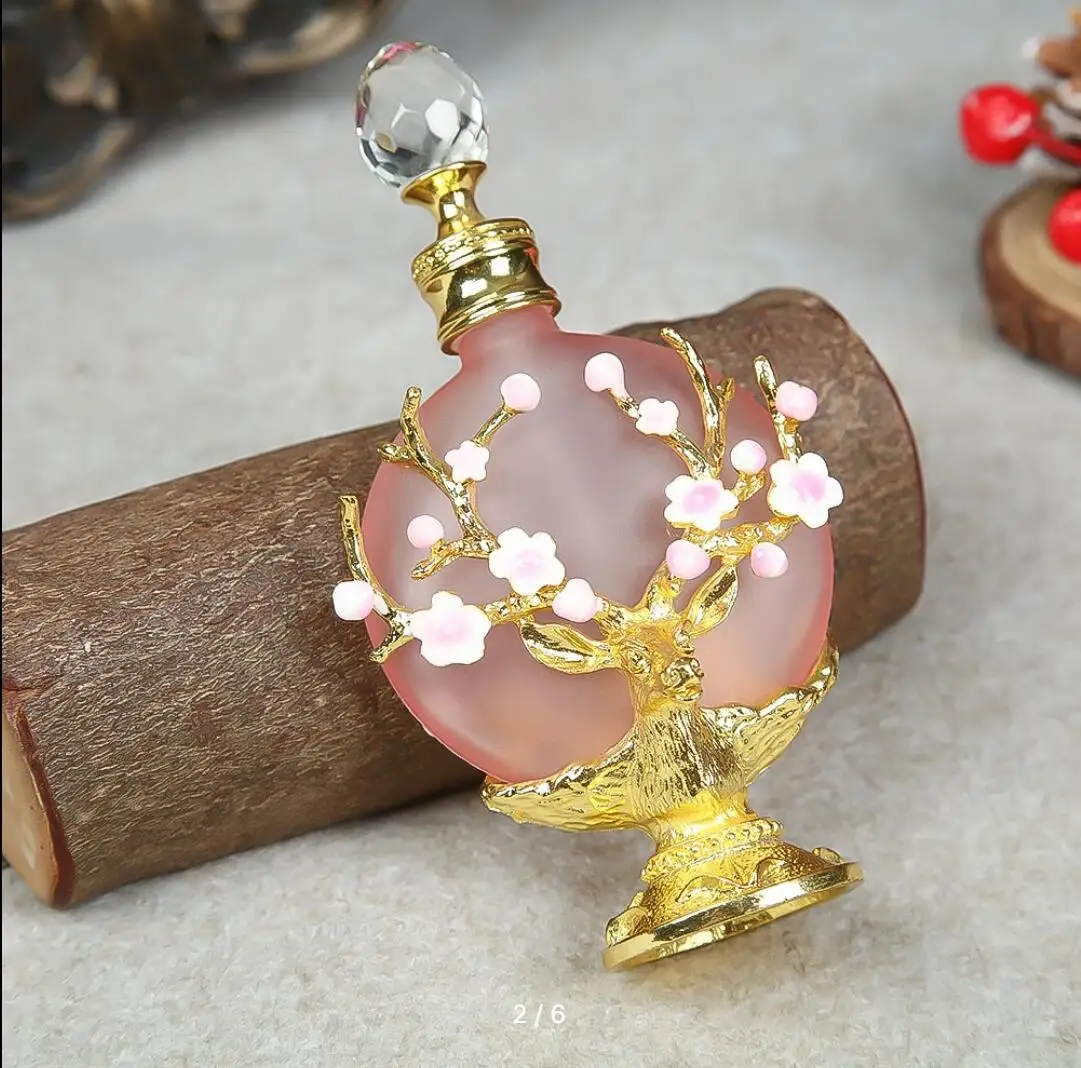 Vintage Decoration Bottle 30ML/1oz Pink Glass Enamel Antlers Plum Blossom Branch Clear Crystal Cap Aromatherapy Perfume Ornament glass bottles,aromatherapy diffuser bottle,mini glass bottles,mini perfume bottles