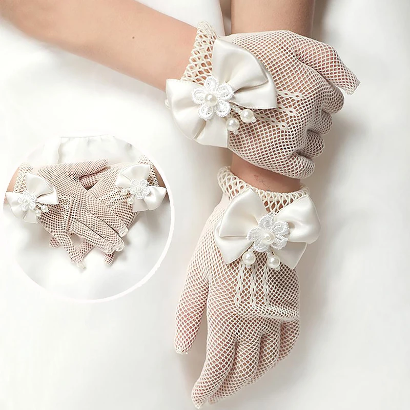 Girls Mesh Bow Lace Gloves Elastic Fishnet Solid Princess Gift Mittens Party Birthday Ceremony Coronation Ornament Accessories