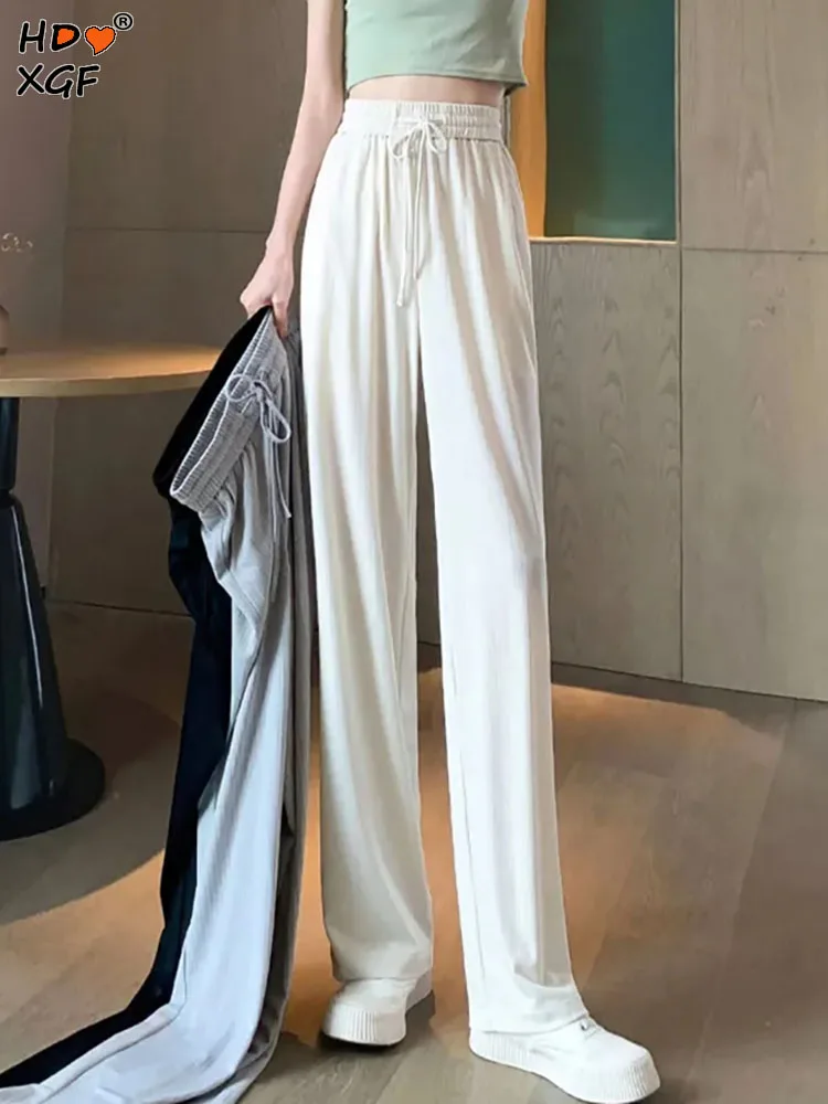 

Vintage Drawstring Elastic High Waist Pocket Pants For Women Spring Summer Ice Silk Solid Color Baggy Pants Simple Casual Pants