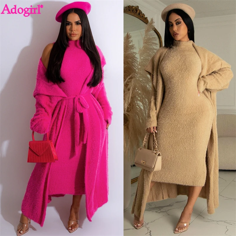 Flannel 2 Piece Sets Women Turtleneck Sleeveless Bodycon Midi Dress Turn Down Collar Long Sleeve Cardigan Coat with Belt Suit green grassland scenery bathroom rug sets non slip african zebra animal bath mat u shape carpet toilet lid cover flannel doormat