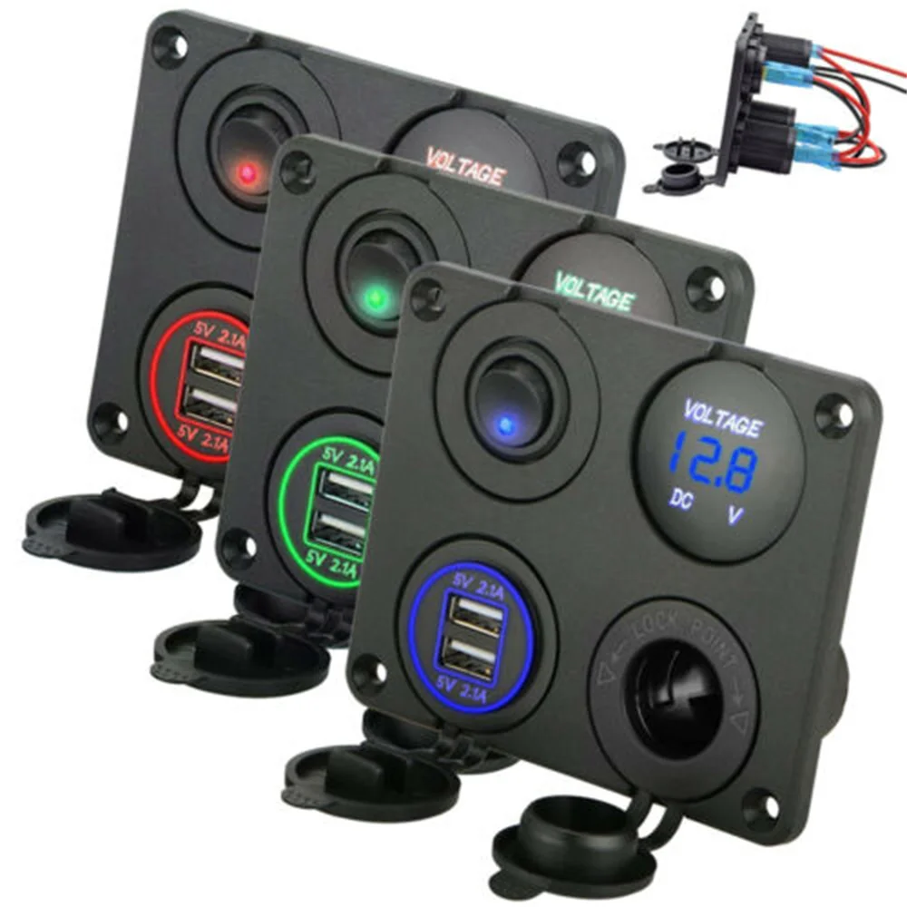 

4 in 1 Panel Dual USB Socket Charger+LED Voltmeter+ 12V Power Outlet + ON-Off Toggle Switch Four Functions Panel for Car Boat