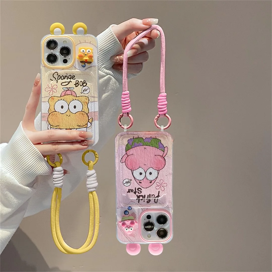 Patrick Star Cartoon Soft Phone Case with Pothook Card Holder and Lanyard