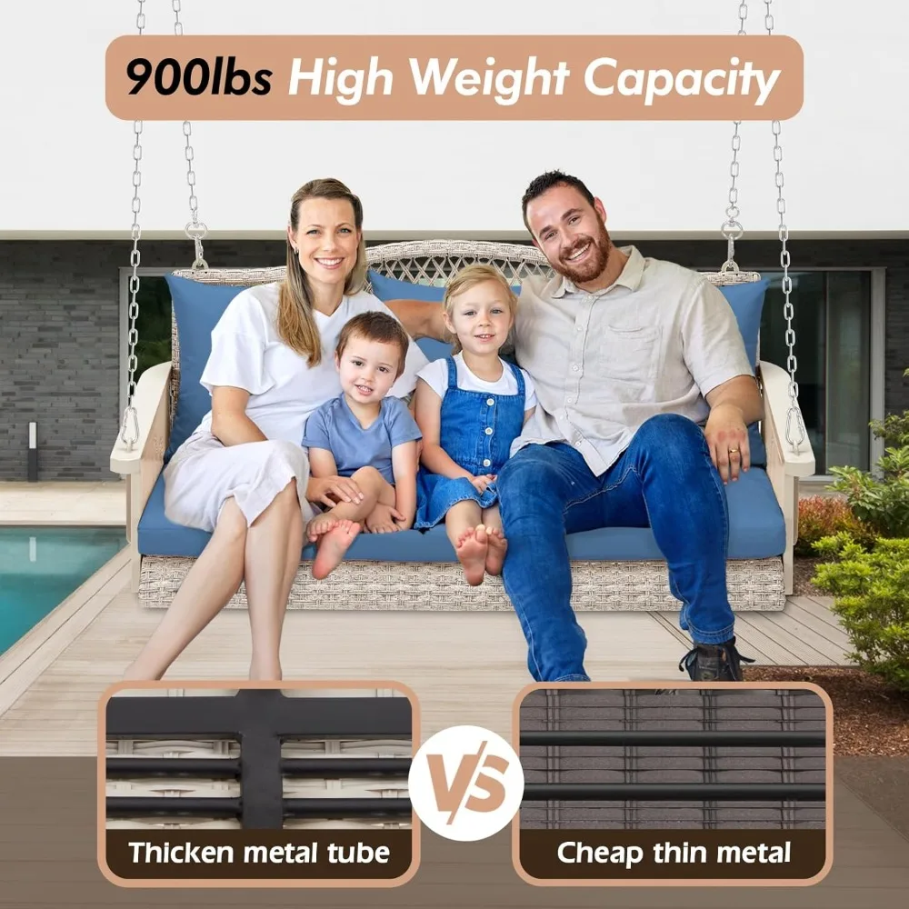 Upgraded Wicker Hanging Porch Swing Heavy Duty 900 LBS 3-Seat Outdoor Patio Swing Chair Bench for Adult w/ Hanging Chains 2