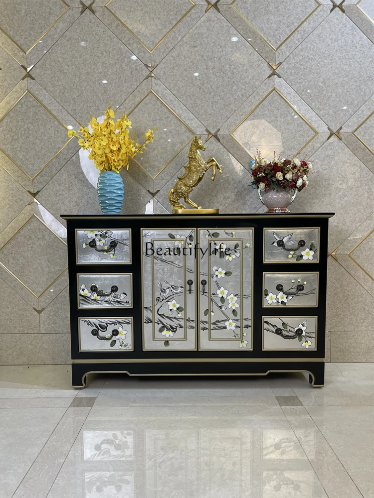 

Chinese Style Silver Foil Painted Sideboard Cabinet Living Room Entrance Hallway Partition Decorative Storage Chest of Drawers