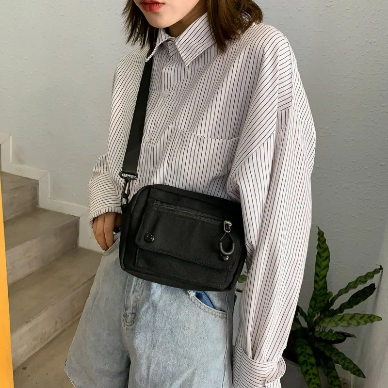 Women Canvas Handbags Korean Mini Student Bag Cell Phone Simple Small Crossbody Casual Ladies Zipper Shoulder Bag